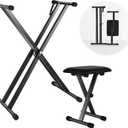 Keyboard Stand and Bench Set, Heavy Duty Double-X Keyboard Stand, Adjustable Digital Piano Stand with Lockable Straps (Piano Keyboard Stand x 1, Piano Bench x 1)