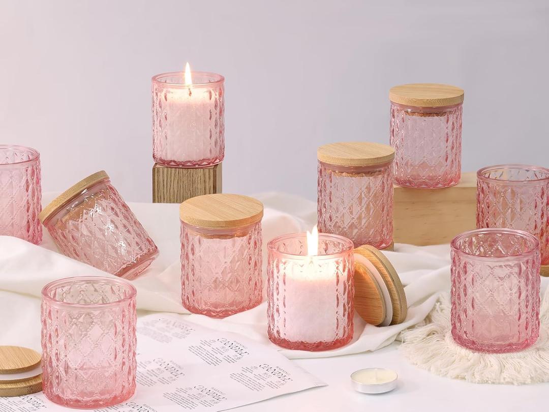 15Pcs 7.5Oz Pink Candle Jars for Making Candles, Glass Candle Vessels with Bamboo Lids and Sticky Labels, Containers for Candle Making Supplies