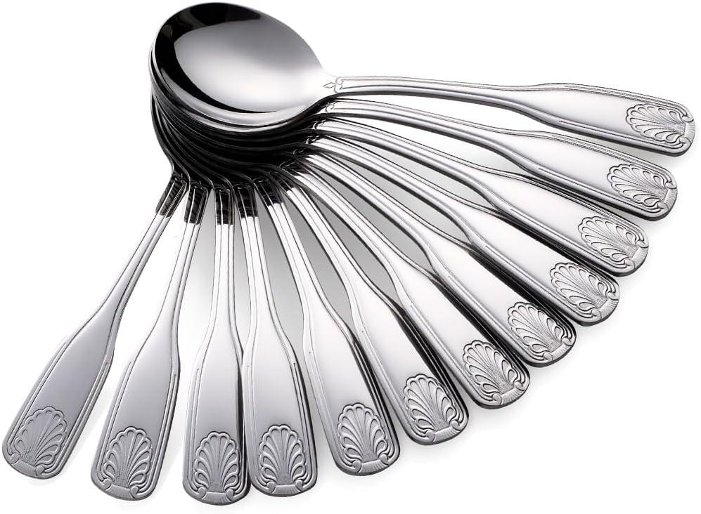 12-Piece Soup Spoon Set, 6.4-Inch Stainless Steel Round Spoons Dessert Spoons, Shell Pattern Teaspoons, Mirror Polished spoons silverware, Dishwasher Safe