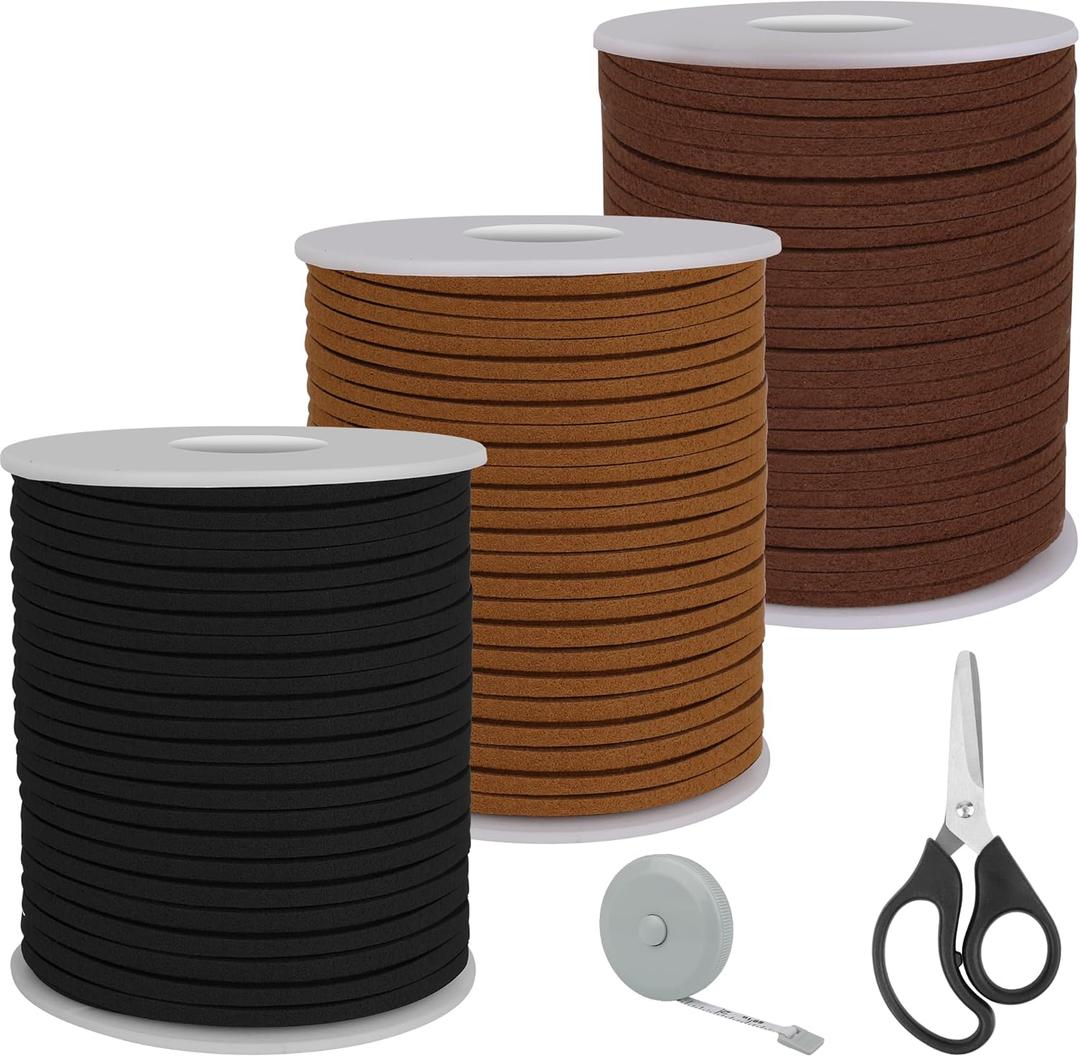 3 Colors Flat Suede Leather Cord, Larbeti 148 Yard Leather String Cord for Jewelry Making Thin Suede String Ribbon Lace for Crafts, Hats, Shoes, Necklaces, Bracelets with Scissors, Ruler