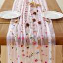 JIALE 3 Pack Pink Floral Table Runner, Embroidery Daisy Seasonal Table Decorations, 120Inch 10FT Tulle Fabric for Home Decor, Bridal Shower Wedding, Baby Shower Parties, DIY Craft