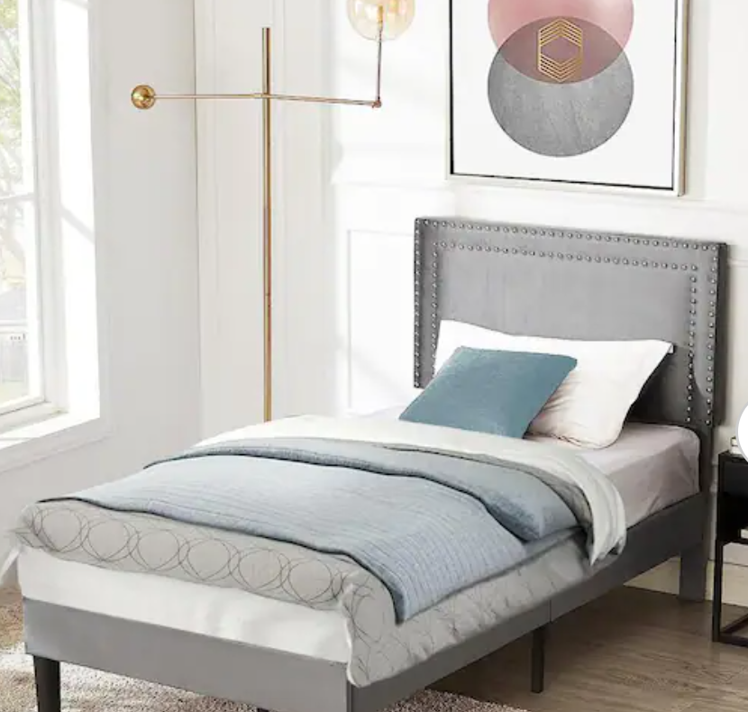 VECELO Upholstered Bed with Adjustable Headboard, No Box Spring Needed Platform Bed Frame, Bed Frame Gray Twin Bed
