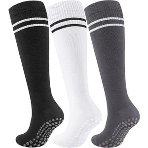 Cotton Compression Socks Women&Men with Grips Non Slip 15-20mmHg Knee High Graduated Sock for Nurse, Pregnancy, Yoga (Large-X-Large, 02-3 Pairs-black White Gray)