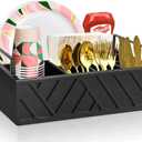 Paper Plate Dispenser with Utensil Caddy, Rustic Wooden 6-Compartment Flatware Organizer for Kitchen Counter, Picnic & Parties (Black)