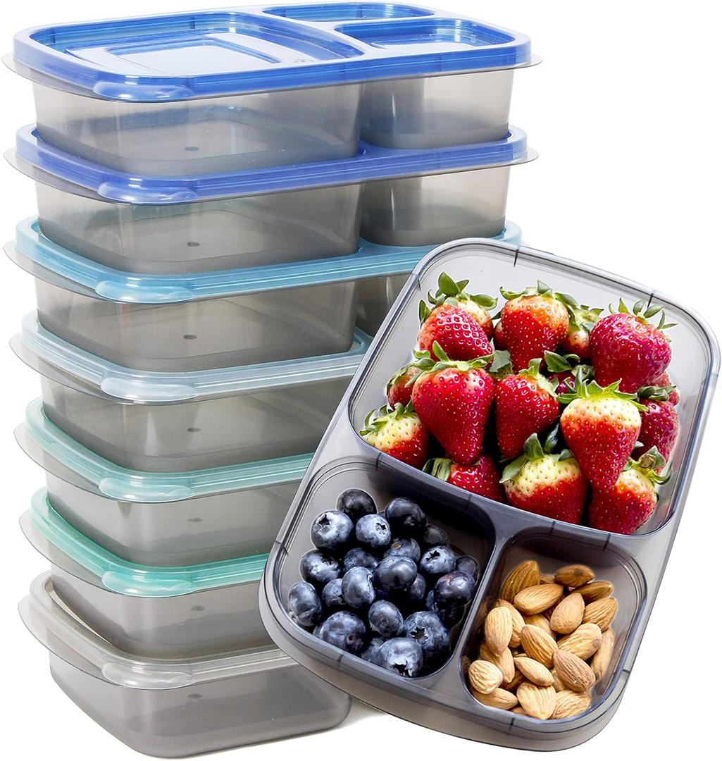 Youngever 7 Sets Bento Lunch Box, Meal Prep Containers, Reusable 3 Compartment Plastic Divided Food Storage Container Boxes, 9.5 x 6.2 x 2.2 inches