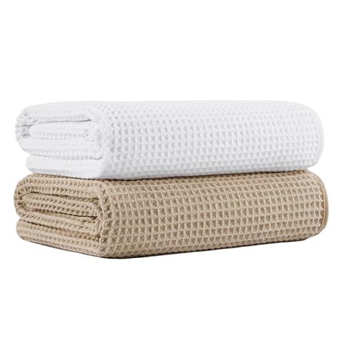 MICROFI New Microfiber Waffle Bath Towels, 2 Pieces, Oversized, Soft, Absorbent, Fast Drying, Lint Free 430 GSM (Beige+White)