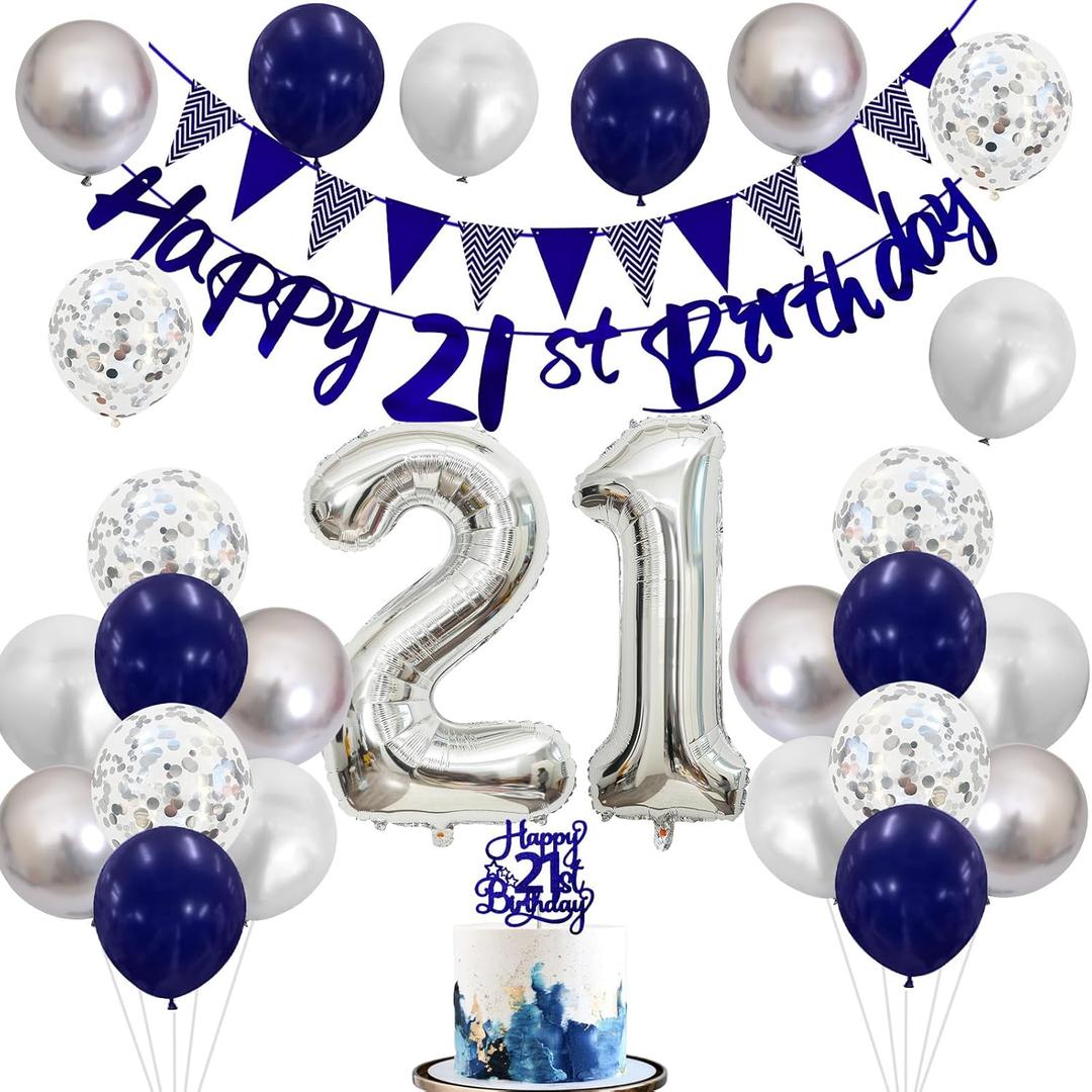 Blue Happy 21st Birthday Banner with Navy Blue Silver Balloons, 21 Birthday Cake Topper Number 21 Balloon for Him and Her