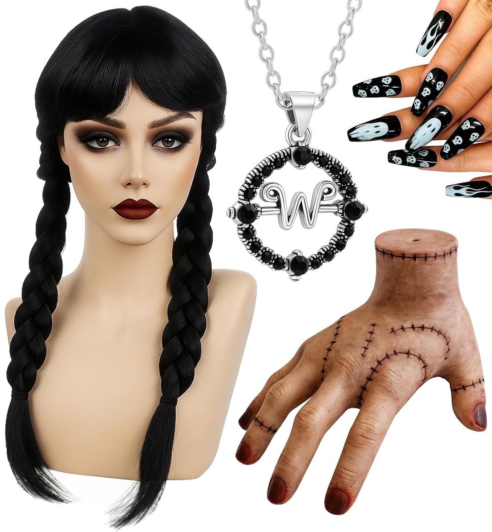 Swooflia Black Braid Wig for Women & Cosplay Accessories - Convenient Set Includes Adjustable Wig Cap, Hands, Necklace, Nails, Cosplay Wig for Halloween, Costume, Party and Daily Use (W05)