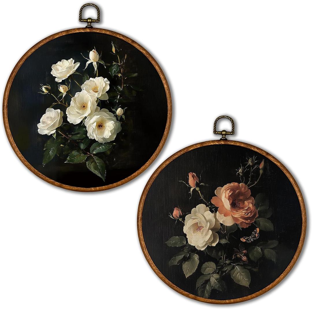 KSDUT Vintage Natural Flowers Wall Decor Art Set of 2 - Floral Botanical Wall Art Canvas Frame Hanging Prints, Mid Century Modern Round Wall Art Decor for Home Farmhouse Decorations 10"x10"