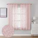 Lecloud Leia Clip Leaf Pink Sheer Curtains 63 Inch Length 2 Panels, Dual Rod Pockets Light Filtering Voile Blush Curtain for Living Room Bedroom, Farmhouse Jacquard Textured Short Drapes, 38W x 63L