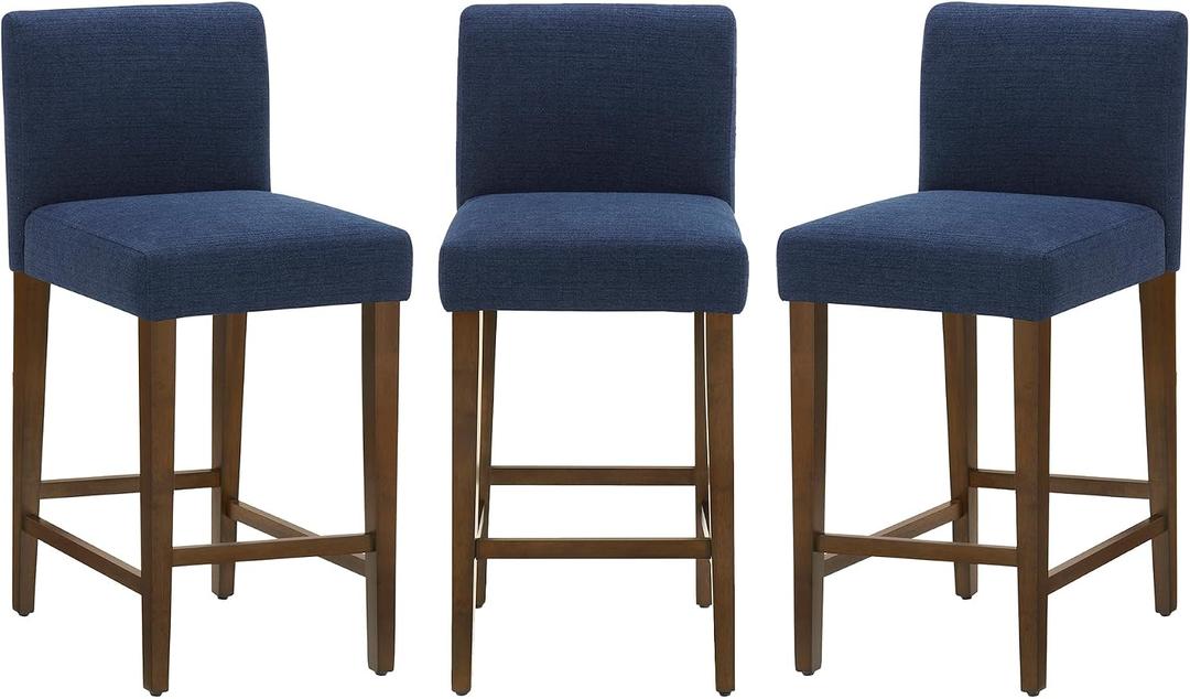 CHITA Counter Height Bar Stools Set of 3, 27" H Seat Height Upholstered Barstools, Fabric in Midnight Blue, Size: Enlarged 27" Height - 3pcs, 8.1"W x 22"D x 37.8"H. Seat Dimension: 17.3"W x 18.1"D x 26.8"H. Weight Capacity: 300 pounds