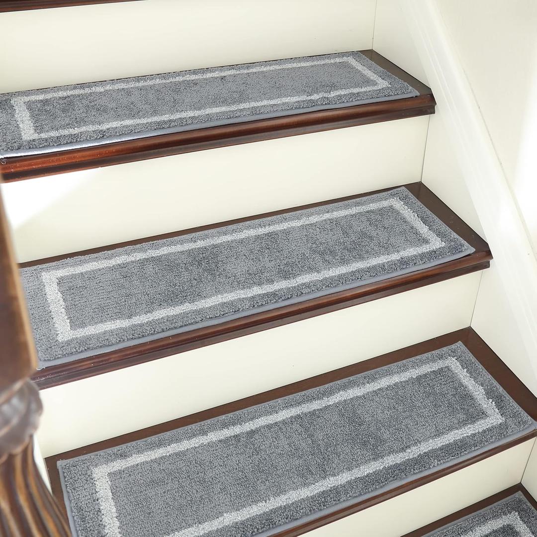 COSY HOMEER Soft Stair Treads 15pcs Non-Slip Carpet Mat 28inX9in Indoor Stair Runners for Wooden Steps,Stair Rugs for Kids and Dogs, 100% Polyester TPE Backing Grey,Square