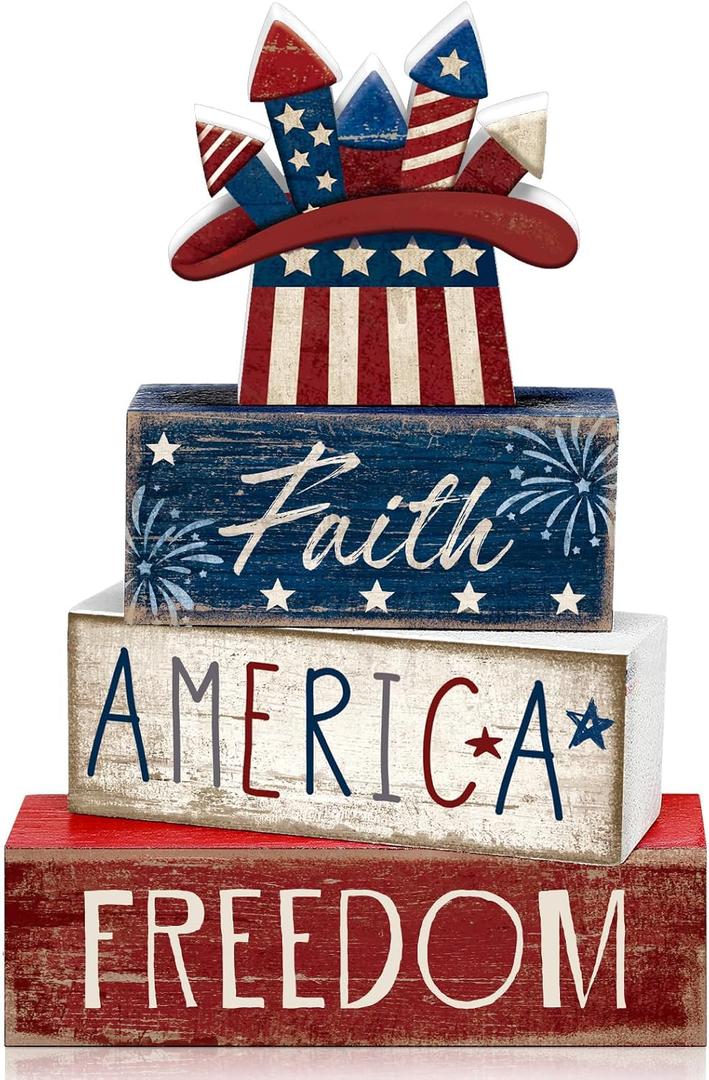4 Pcs 4th of July Decorations Patriotic Memorial Day Tabletop Decorations Red White Blue Table Centerpieces Wood Block God Bless Sign for Office Tiered Tray Home Shelf Mantel(Independence Day Hat)