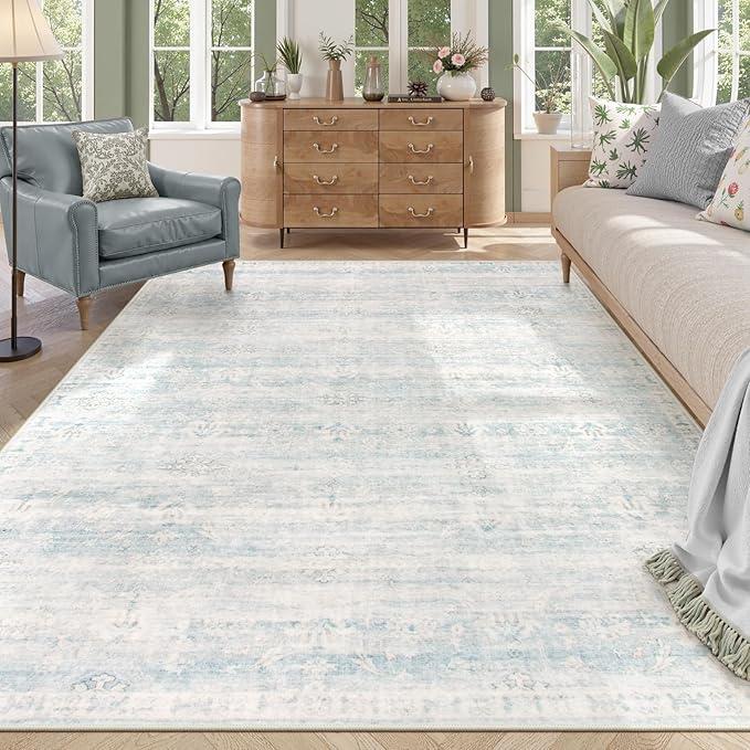 Lahome Green Area Rugs 9x12 for Living Room, Distressed Stain-Resistant Dining Room Rugs for Under Table, Washable Soft Large Bedroom Carpet with Rubber Backing, Blue