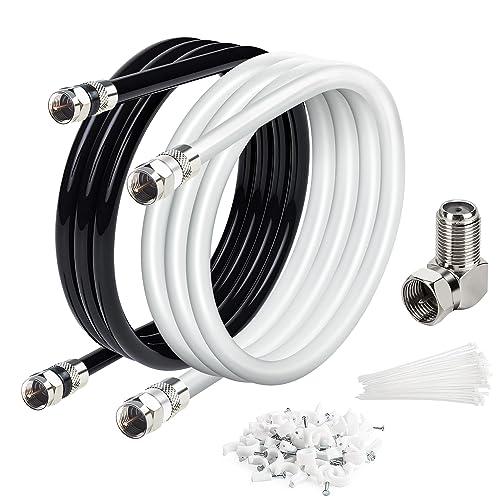 Elecan 6 Ft/2 Pack RG6 Coaxial Coax Cable Connectors Set, Quad Shielded High-Speed Internet 3 GHZ, Broadband Digital TV Aerial, Soft Satellite Cable Extension Double Rubber O-Ring+ Adapter+Ties+Clips