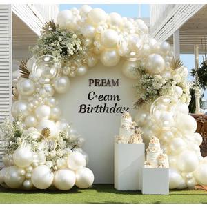 Pearl Ivory White Balloon Arch Double Stuffed Pastel White Ivory Cream Beige Balloon Garland Kit Different Sizes 12/10/5in With Clear Bobo Balloons for Birthday Wedding Bridal Baby Shower Party Decor