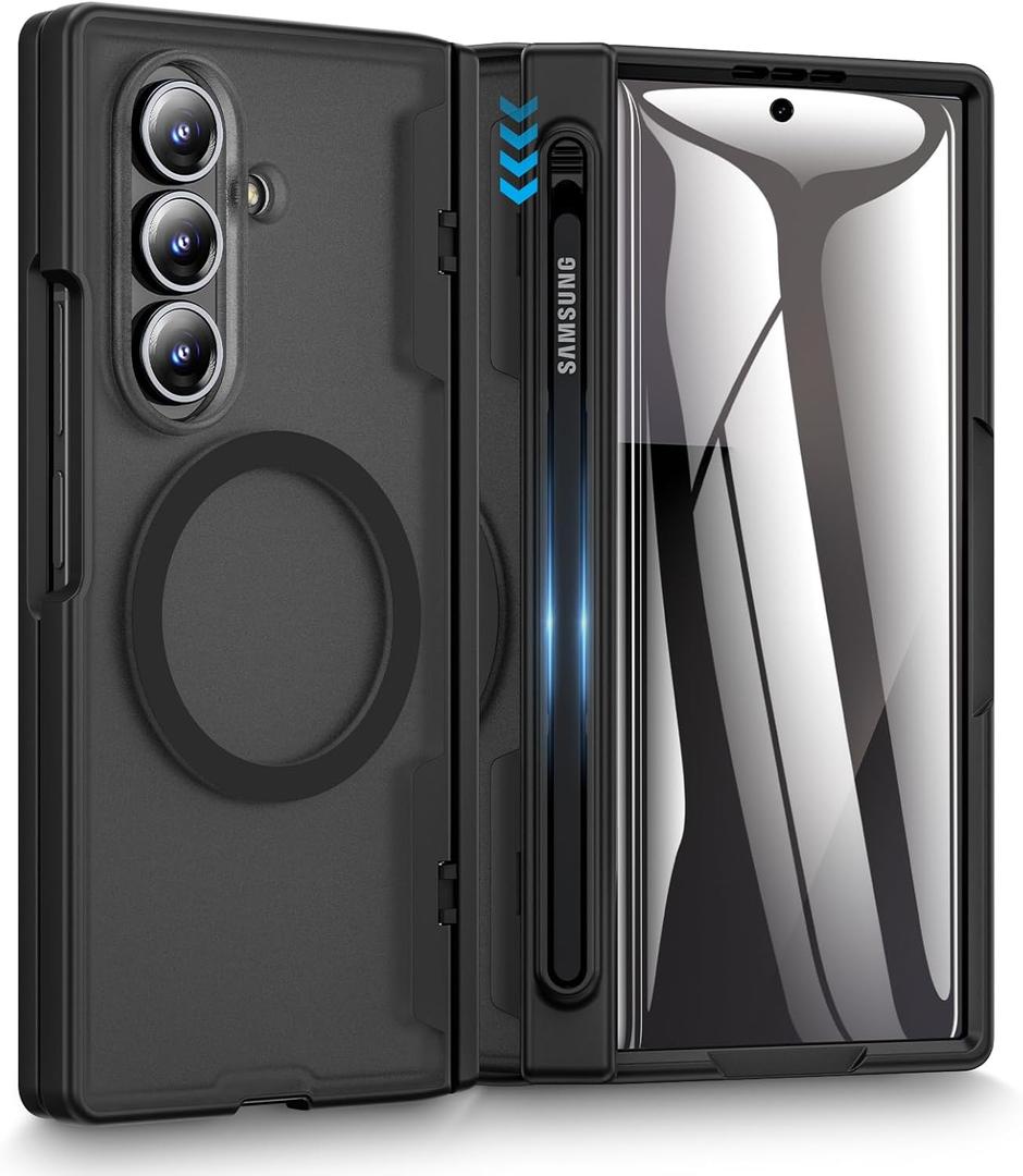 Caka for Samsung Galaxy Z Fold 7 Case [Compatible with MagSafe] [Hinge Protection] [Built-in Screen Protector] [Pen-Slot] Translucent Hard Shockproof Magnet Phone Cover for Zfold 7 - Black