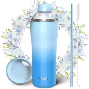 Insulated Water Bottle for Women, 24 oz Stainless Steel Water Bottles, Double Walled, 2 Lids (Chug & Tumbler) - Hydrate & Caffeinate,Available Gift Wrapping