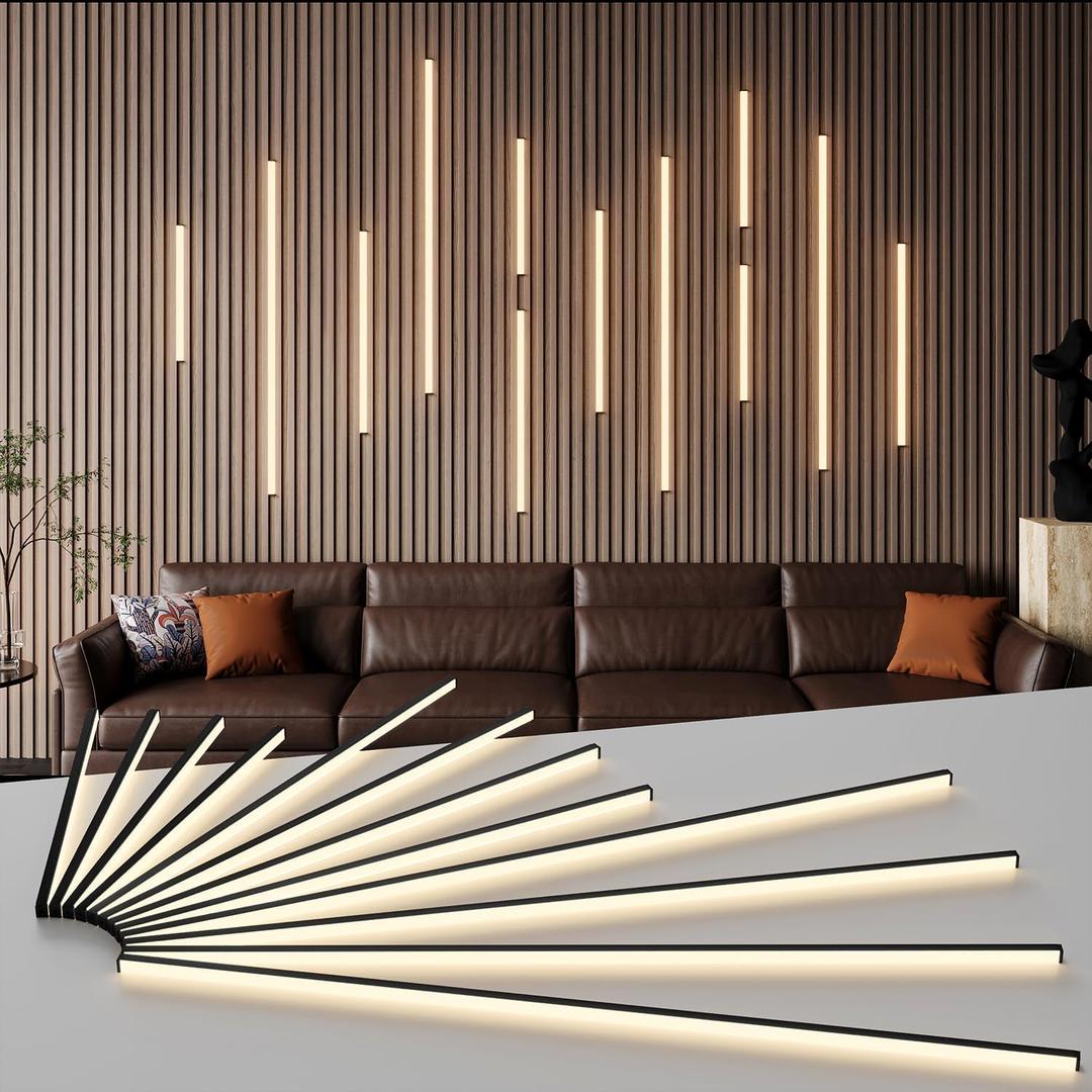 Slat Wall Lights - GloryAir 12Pcs Black Self-Adhesive Wall Panel Light Strips, 3000K Warm White Dimmable Smart Touch Switch for Wood Slat, WPC & Acoustic Panel, Living Room, Bedroom & Stair Decor, 16"+24"+40" X 4