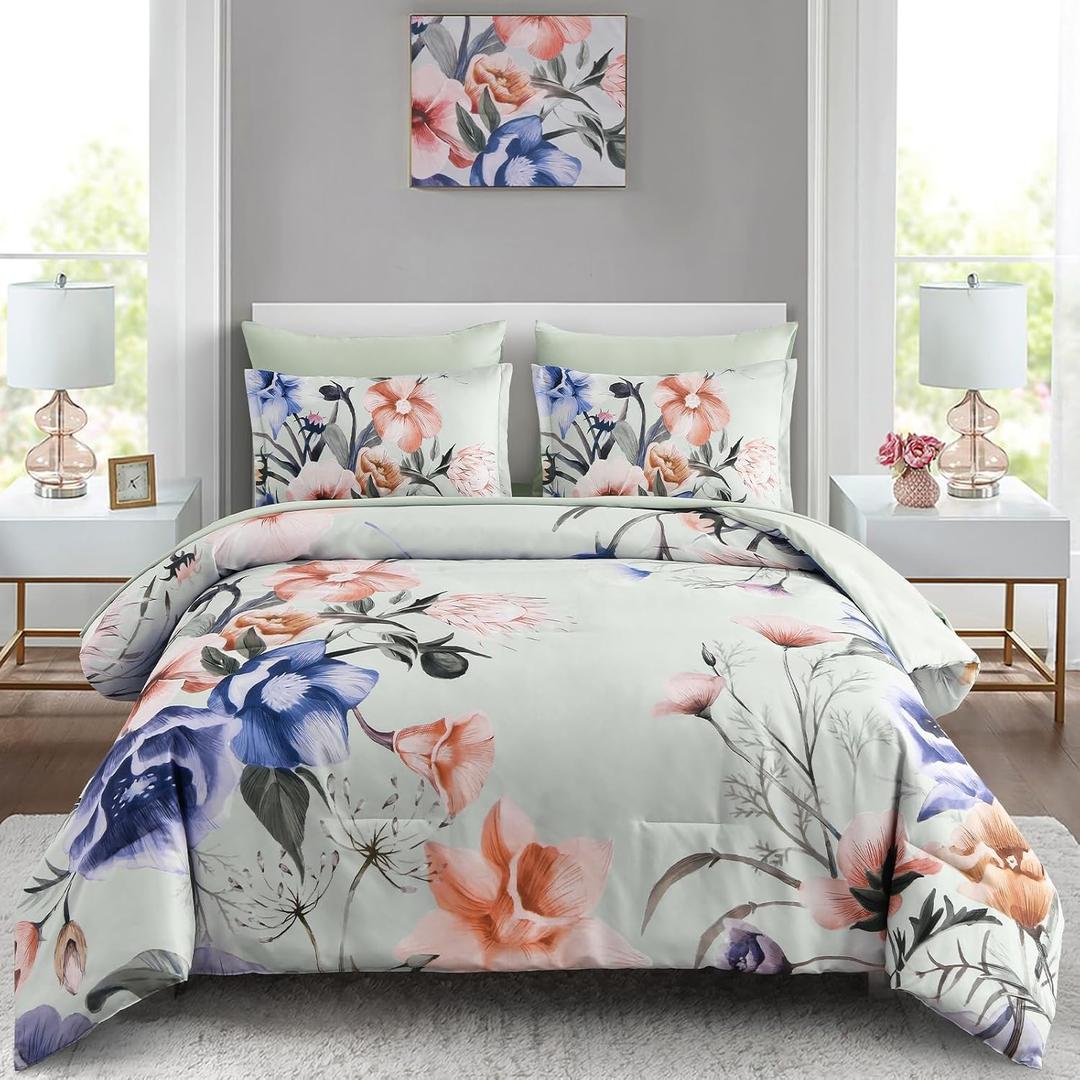 Luxudecor Floral Comforter Set Queen Size 7 Piece, Green Flower Bed in a Bag, Elegant Floral Comforter with Sheet Set, Soft Microfiber Bedding Set for All Season (Green, 90"x90")