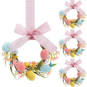 Hoteam 4 Pcs Easter Kitchen Cabinet Wreath with Plaid Bow Ribbon 8.7'' Mini Artificial Easter Egg Wreath Spring Berry for Front Door Window Wall Decor (Pink Bow)