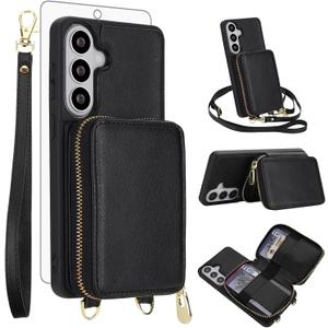 Asuwish Phone Case for Samsung Galaxy S26 5G Wallet Cell Cover with Tempered Glass Screen Protector Wrist Crossbody Strap Lanyard RFID Blocking Card Holder S 26 26S G5 6.3 inch Women Men Girls Black