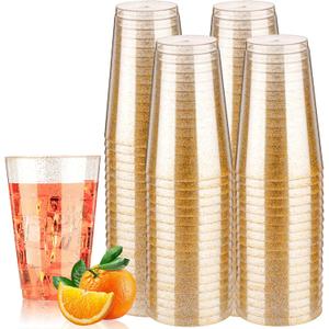 Goodluck 14 oz 100 PCS Gold Glitter Plastic Cups, Disposable Glitter Cups, Elegant Plastic Cocktail Glasses, Fancy Party Cups for Wedding, Birthday, Holiday