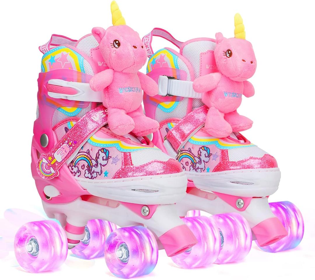 Dino Kids Toddler Roller Skates for Boys Girls,WESKIFAN Dinosaur Quad Skating Shoes with Shiny Light up Wheels&Adjustable Sizes Beginners rollerskates for Birthday Xmas Gifts (X-Small-Toddler(7C~10C), Doll-Pinkl)