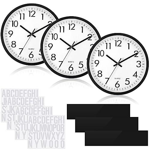 Sasylvia 3 Pcs 10 Inch Wall Clock Battery Operated Round Clock with 3 Pcs Black Acrylic Sheets 4 Sheets of Self Adhesive Vinyl Letter Stickers Alphabet Stickers for School Office Home