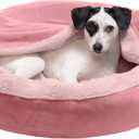 Furhaven 24" Round Calming Donut Dog Bed for Indoor Cats & Small Dogs, Washable, For Dogs Up to 20 lbs - Plush Velvet Waves Hooded Donut Bed - Rose Pink, Small (24" x 24" x 7")