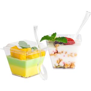 100 Pack 4 oz Mini Dessert Cups with Spoons and Lids, Clear Square Dessert Bowls Small Plastic Parfait Cups Appetizer Cups for Wedding Party