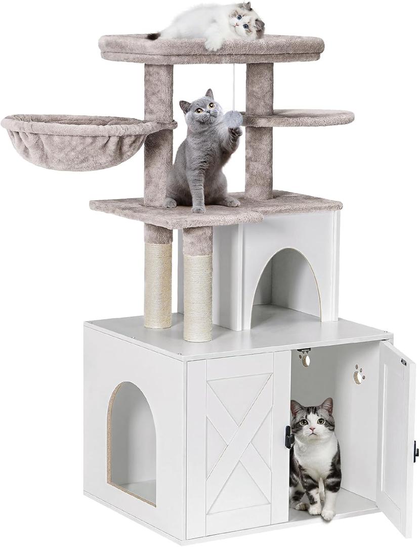Snughome Cat Litter Box Enclosure with Cat Tree Tower and Condo, Hidden Washroom Furniture with Sisal Scratching Post and Soft Plush Perch, Wooden Cat Furniture with Multiple Platforms, White