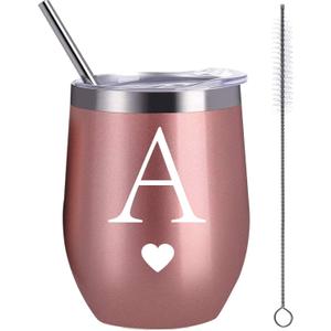 Personalized Initial Gifts 12 Ounces Stainless Steel Tumbler with Straw Brush Rose Gold Insulted Mug Wedding Bridesmaid Birthday Graduation Gift for Men Women Monogrammed Gift (A)