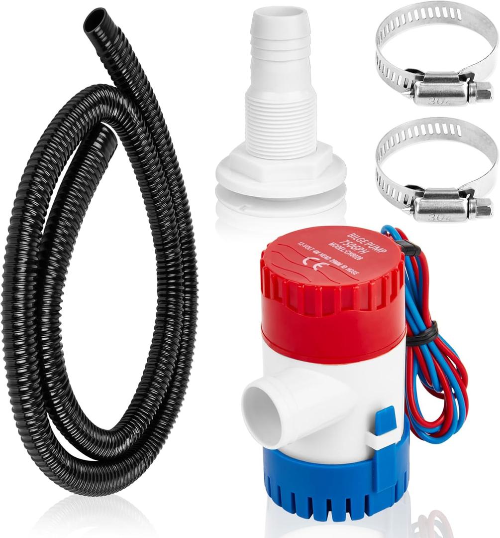 Non-automatic 0.98 Inch Bilge Pump kit for Boats,12V 750GPH Bilge Pumps with 6 ft/1.8 meters Bilge Pump Hose, 2pcs Stainless Steel Clamps and Thru Hull Fitting, for Yachts Speedboats