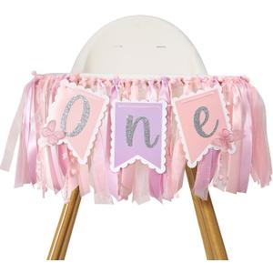 Pink Butterfly First Birthday Highchair Banner - 1st Birthday Decoration, Spring One Decor, Girls Highchair Banner, Photo Prop Cake Smash