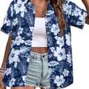 MYHALF Women Hawaiian Shirt Soft Cool Summer Hawaii Shirts Floral Tropic Print V Neck T-Shirt Short Sleeve Button Up Tops (XX-Large, Blue White Hibiscu)