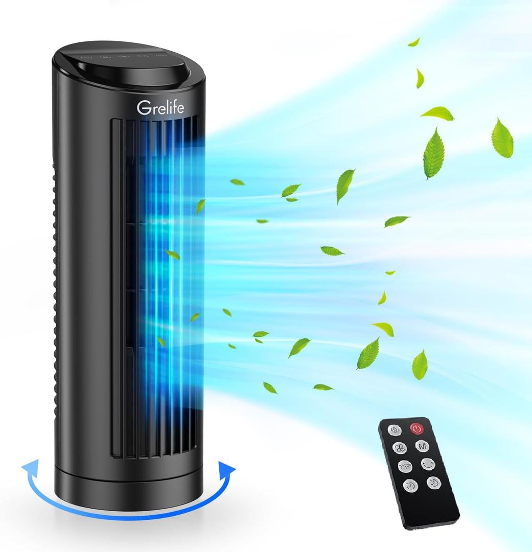 Grelife 13"" Tower Fan, Bladeless Desk Fan with 70 Oscillation, 3 Speeds, 4 Wind Modes, Touch Screen & Remote Control, 12-Hour Timer, Small Cooling Fan for Home Office Bedroom, black, TF008A