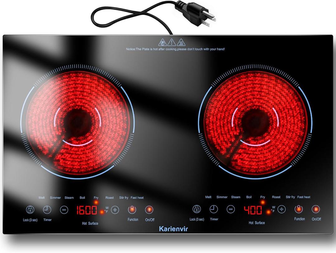2 Burner Electric Cooktop 110v, 24 Inch Electric Stove Countertop & Built-in, Plug-in Electrics Cooktop, 8 Power Levels & 8 Functions, Touch Control, Safety Lock, Timer, 2000W, Blue