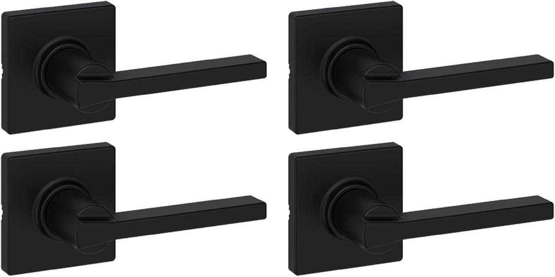 Kwikset Casey Interior Passage Door Handle 4 Pack, Lever for Closet and Hallway Doors, Reversible Non-Locking Handle Lever, Matte Black, with Microban Protection