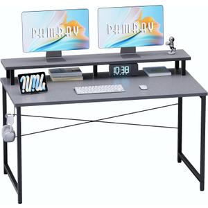 Pamray 47 Inch Small Computer Desk with Monitor Stand, Simple Office Desk with Headphone Hook for Small Spaces, Kids Study Writing Table for Bedroom, Grey