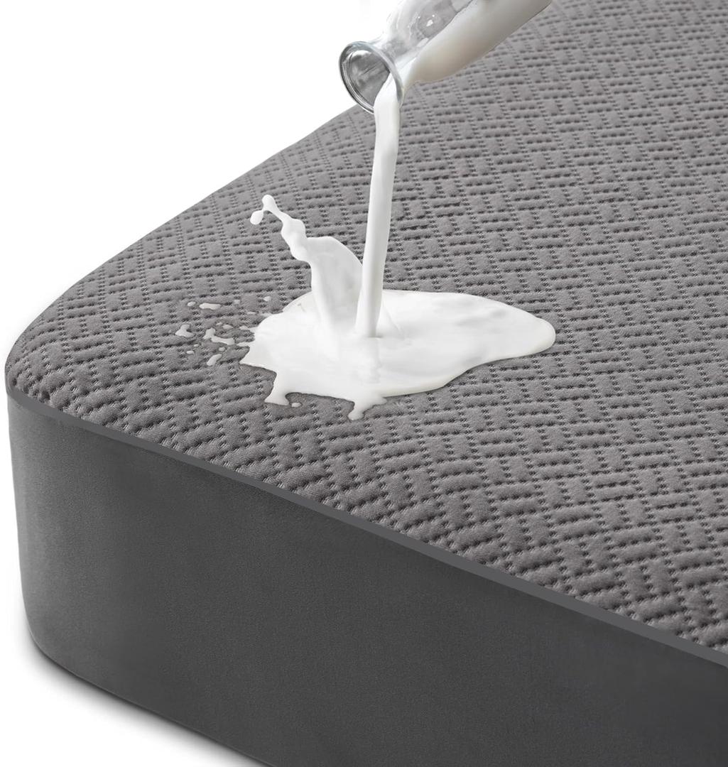 Hanherry 100% Waterproof Queen Size Mattress Protector, Grey, Rayon Made from Bamboo Terry Surface, 3D Air Fabric, 16 inch Deep Pocket, Cooling, Noiseless, Smooth, Breathable, Fits 21 inches (Gray)