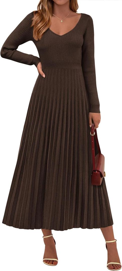 PRETTYGARDEN Women Sweater Dress Fall Fashion 2025 Long Sleeve V Neck Ribbed Knit Pleated A Line Elegant Maxi Winter Dresses (Brown)