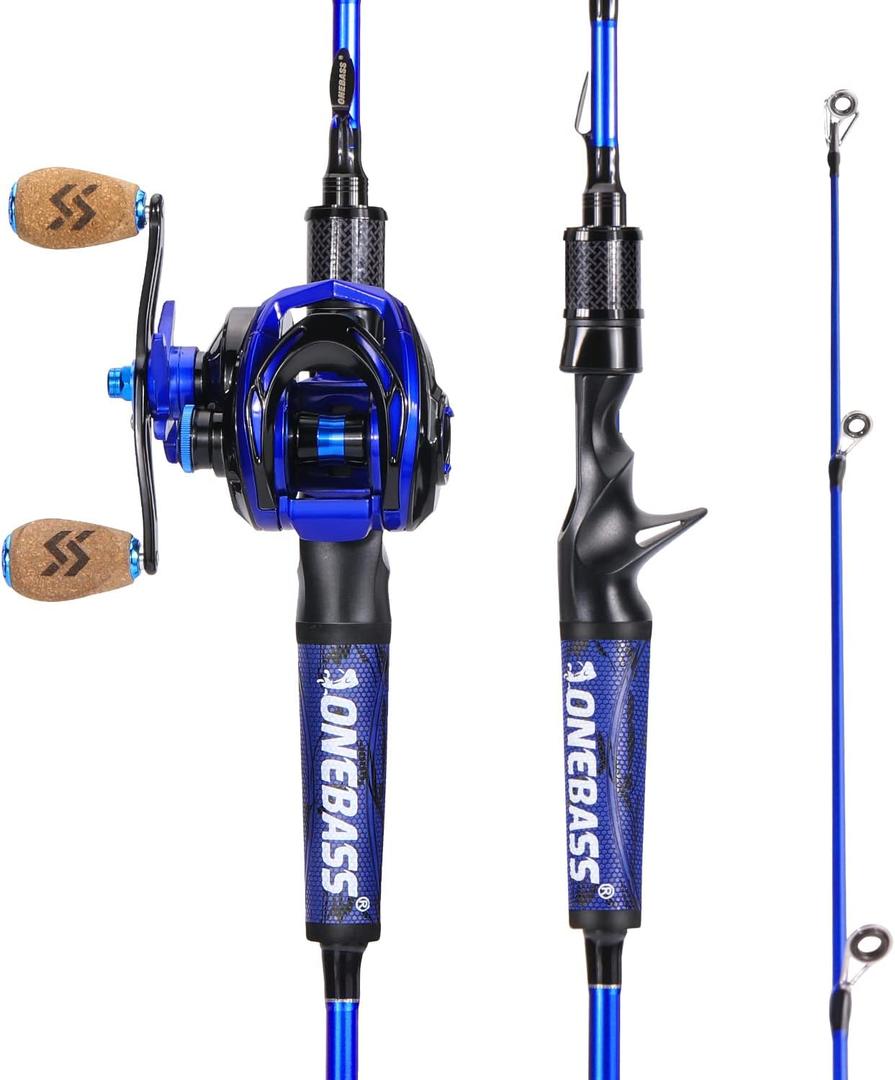 One Bass Fishing Rod and Reel Combo, IM7 Graphite 2 Pc Blank Baitcasting Combo, Spinning Rod with SuperPolymer Handle- 6'6" Casting Combo with Left Handed Reel- Blue
