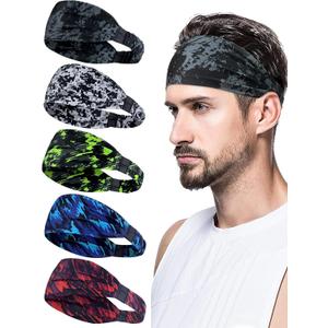 Sports Headbands for Men, Sweat Bands Headbands Men Absorbent Head Band Stretchy Sweatbands 3 Pack Hair Band Workout Football Running Cycling Fitness (Camouflage colour black and grey, camouflage colour black and white, camouflage colour green, camouflage colour blue, camouflage colour red)