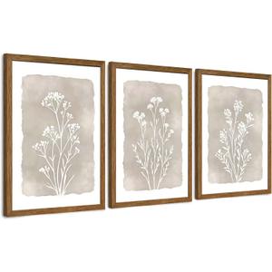 JLTULT 3 Piece Boho Beige Floral Wall Art, Minimalist Line Botanical Flower Wall Decor, Vintage Rustic Wildflower Art Prints for Living Room Bedroom Office Farmhouse decoration 16x24 in Ready to Hang