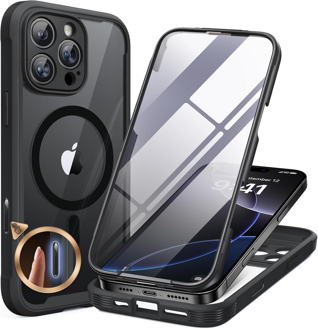 Miracase Magnetic for iPhone 16 Pro Case Full-Body Phone with Built-in Glass Screen Protector, [Compatible with MagSafe] Military Drop Proof 16 Pro Cover Bumper 6.3 inch, Black (iPhone 16 Pro 6.3", Magnetic Classic Black)