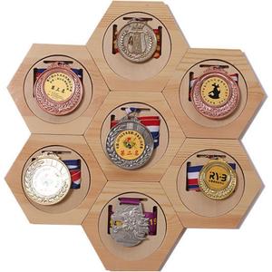 Premium Honeycomb Medal Display Stand Set of 7 - Hexagonal Rubber Wood Holders for Basketball, Running, Swimming Awards & More - Stitch-Free Punch Design for Easy Display (brown)