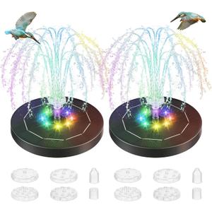 Saillong 2 Pack 5W Solar Bird Bath Fountain Pump with Colorful LED Lights, Battery and Solar Powered Bird Bath Water Fountains with 6 Nozzles, Floating Fountain Pump for Bird Bath Garden, Pond