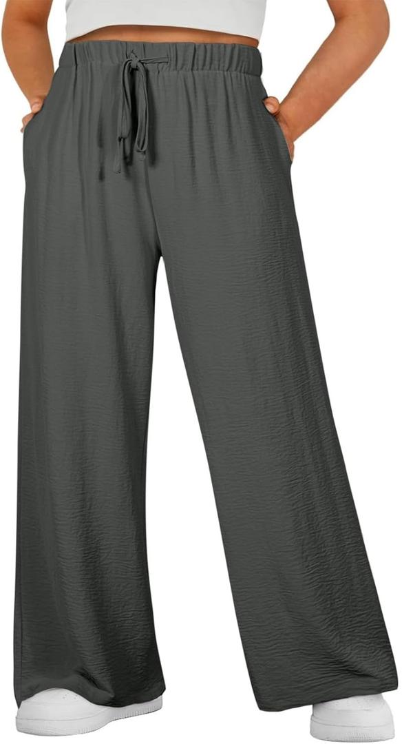 Eytino Womens Plus Size Pants Summer Elastic High Waist Drawstring Casual Loose Wide Leg Trousers Pants with Pockets 4X