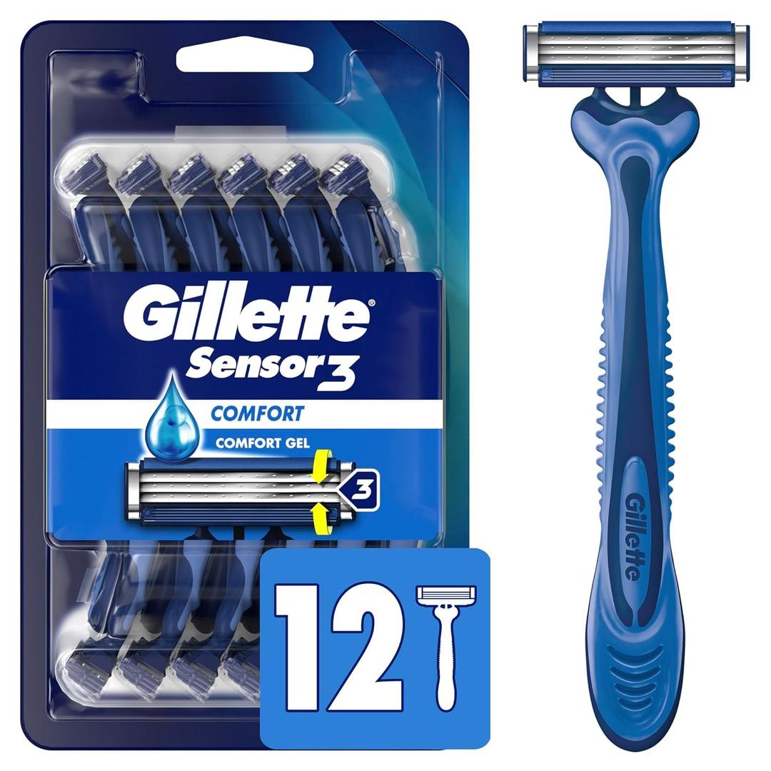 Gillette Sensor3 Comfort Men's Disposable Razors, 12 Razors (Blue)